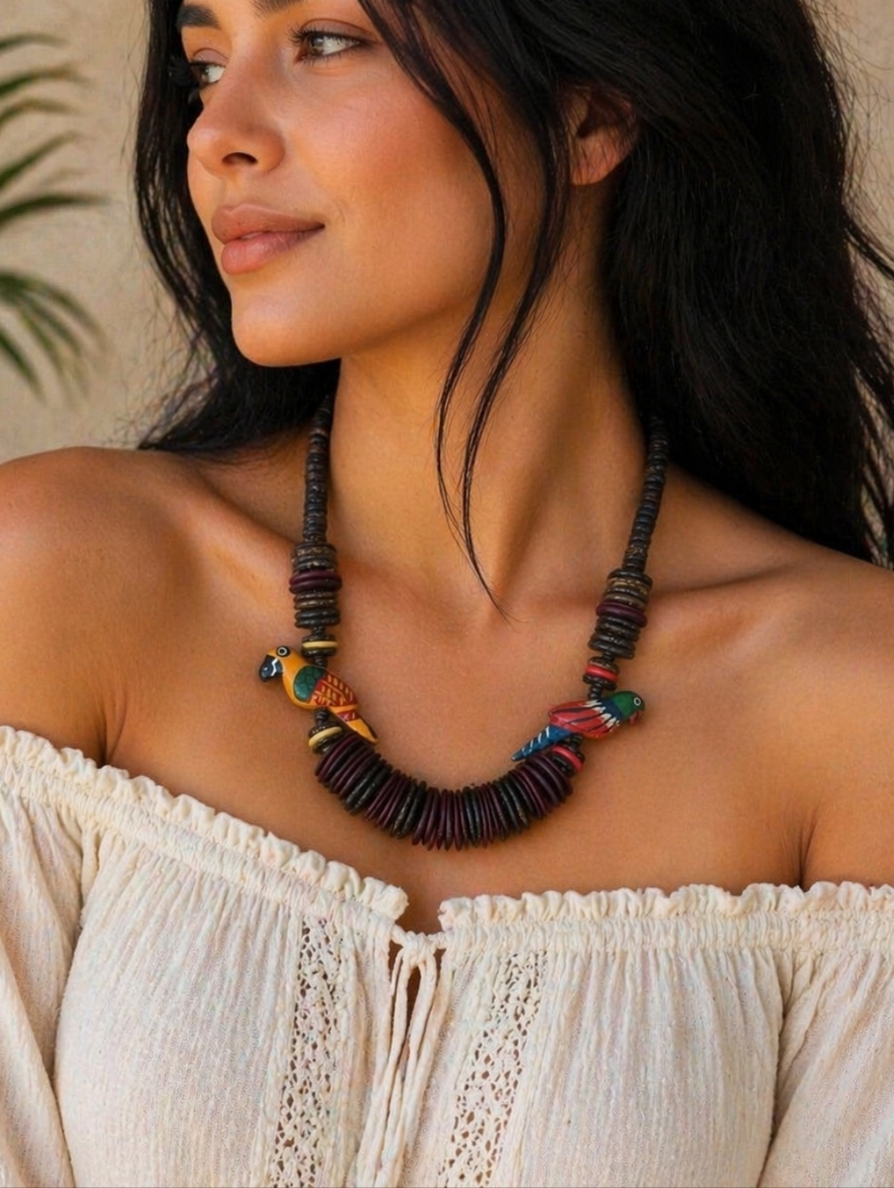 Vintage 70s 80s Tiki Parrot Necklace Dark Heishi Wood Boho Statement 11” Drop